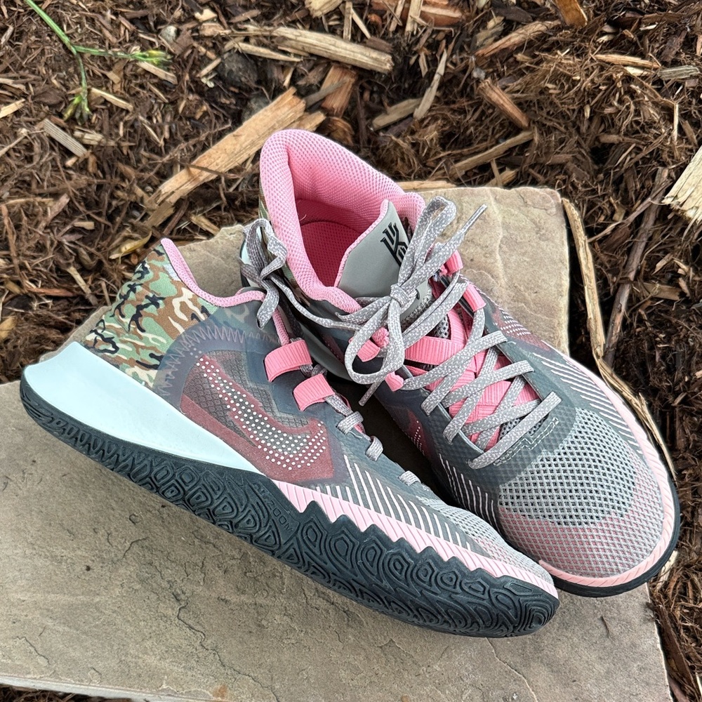 Nike Kyrie Flytrap Gray & Pink Athletic Sneakers with Camouflage Heel
